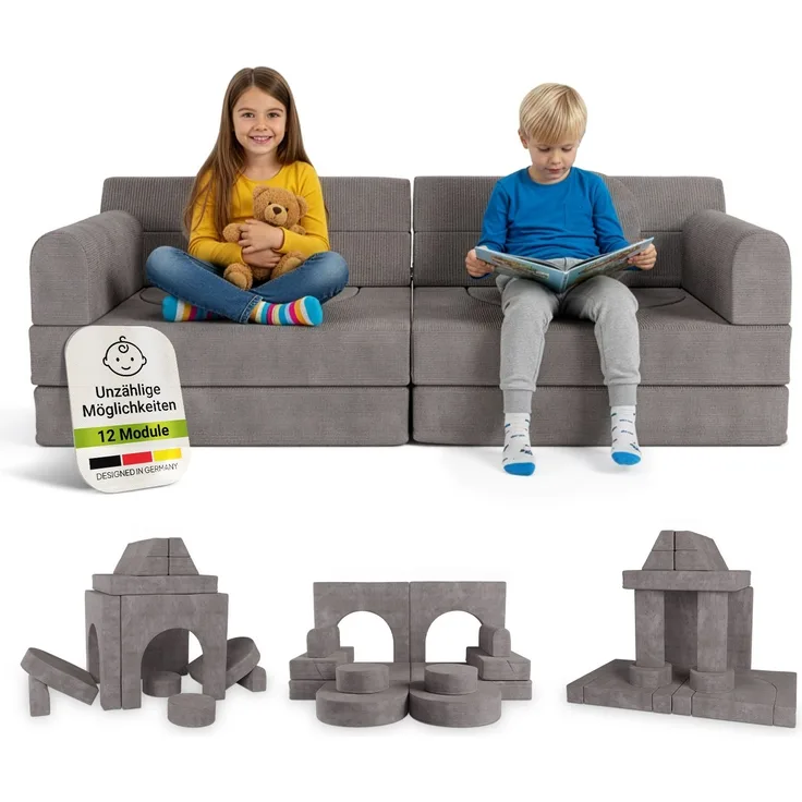 Juskys Kindersofa Kayo –Cord, modular & weich, Sofa für Kinderzimmer & Spielzimmer, sicher, flexibel, pflegeleicht, mit abnehmbaren Bezügen – Hellgrau