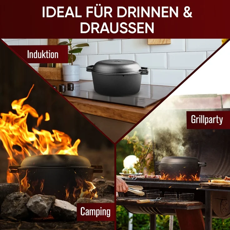 Dutch Oven Set 2in1 5 l aus Gusseisen – mit Ledergriffen, Ringreiniger & Untersetzer, für Grill, Lagerfeuer, Herd & Backofen – Bild 6