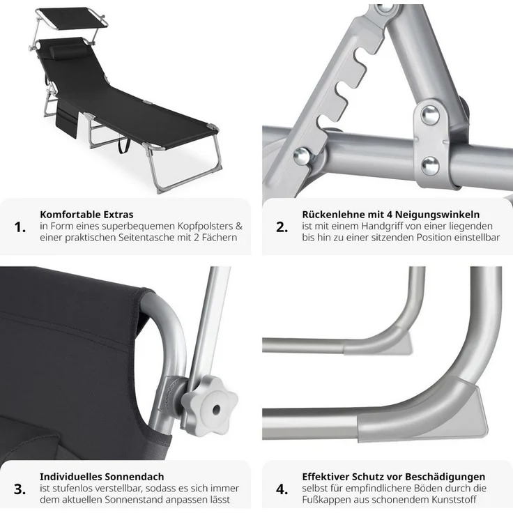 tectake® Sonnenliege klappbar, tragbar, Liege mit Seitentasche, Strandliege, Gartenliege mit Dach, Liegestuhl mit Verstellbarer Rückenlehne, inkl. Kopfkissen - für Balkon, Terrasse, Camping - schwarz – Bild 2