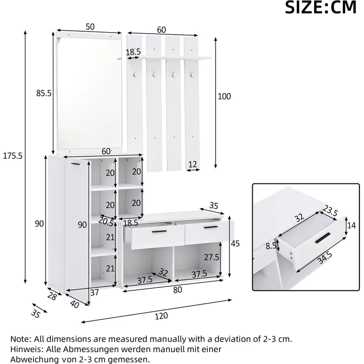 Garderobe im Flur,Garderobenständer für den Eingangsbereich, inklusive Schuhschrank, Spiegel und Kleiderhaken, Kompaktgarderobe mit 2 Schubladen,für Flur Eingangsbereich, Weiß,120x35x175.5cm – Bild 4