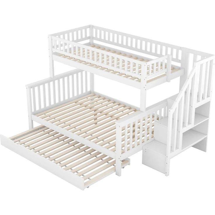 Etagenbett 90x200/140x200 cm Kinderbett mit ausziehbarem Rollbett,Hochbett mit Ablagefächern, Treppe und Geländer,weiß – Bild 10