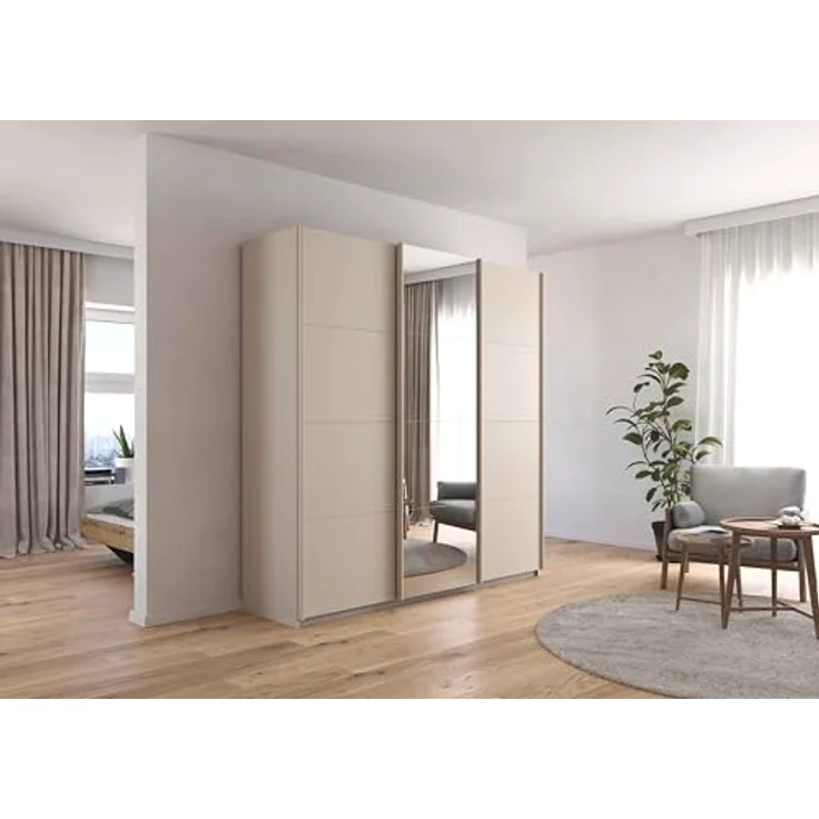 Rauch Möbel Kulmbach, Kleiderschrank mit Schwebetüren für Schlafzimmer, Kinderzimmer, Jugendzimmer, Garderobe, Flur, 3-türig, mit Spiegel, Zubehör Classic, Farbe Beige, Breite 203 cm – Bild 2