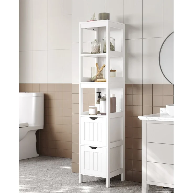 Vasagle Badezimmerschrank mit 2 Schubladen und 3 offene Fächer, MDF, 30 x 30 x 141,5 cm, Weiß – Bild 2