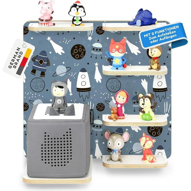 stadtecken Holzregal für Musikbox – Passend für Toniebox & ca. 40 Tonies | Perfekte Aufbewahrung fürs Kinderzimmer | Zum Aufhängen | Erweiterbar (Universum)