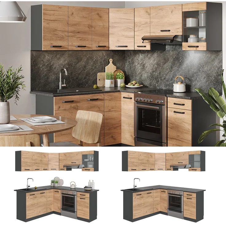 Eckküche R-Line Goldkraft Eiche/Anthrazit 187 x 167 cm, AP Anthrazit Vicco – Bild 2