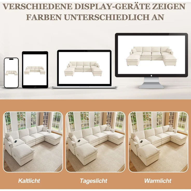 Ecksofa 277x135x80 cm, modulares 6-Sitzer Sofa in Beige mit Stauraumhockern und USB-Anschluss – Bild 6