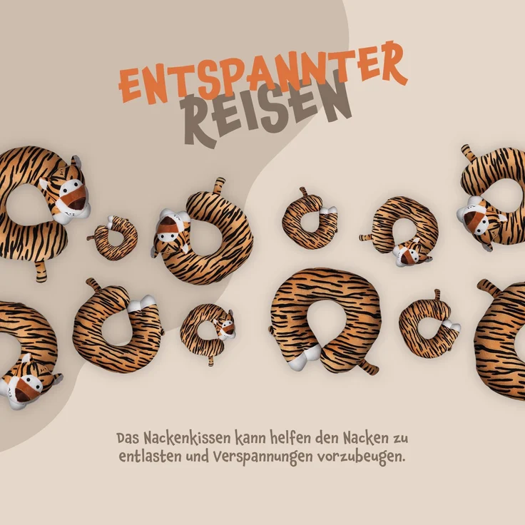 Nackenhörnchen Kinder Tier Schlafkissen Reisekissen Waschbar Kopfstütze U-Förmig Nackenkissen für Auto Zug Flugzeug weicher Kissenbezug Tiger – Bild 7