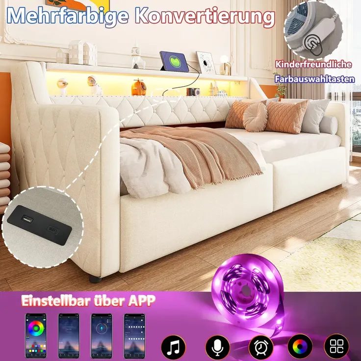 Schlafsofa mit LED-Beleuchtung und Aufbewahrung, Polsterbett mit Lattenrost, 90x200 cm, Einzelbett, Jugendbett, Leinen – Bild 5