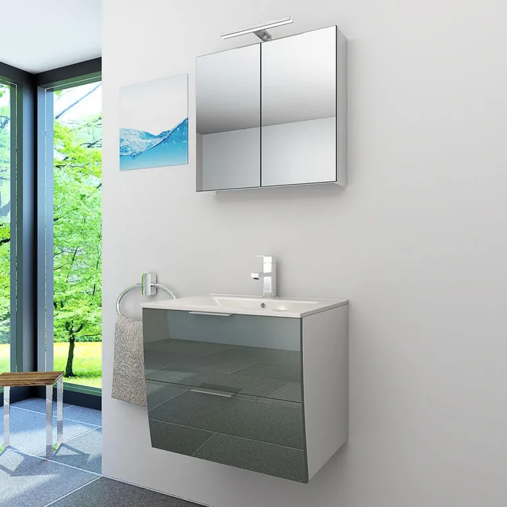 Badmöbel Set Gently 2 V1 Weiß/Grau MDF Waschtisch 60cm mit 5W LED-Strahler / Energiebox
