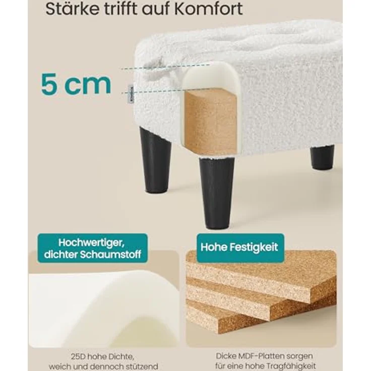 SONGMICS Fußhocker, Fleece, Hocker klein, Dicke Polsterung, bis 150 kg belastbar, für Wohnzimmer Schlafzimmer Eingangsbereich, cremeweiß-tintenschwarz LOM503WD01 – Bild 5
