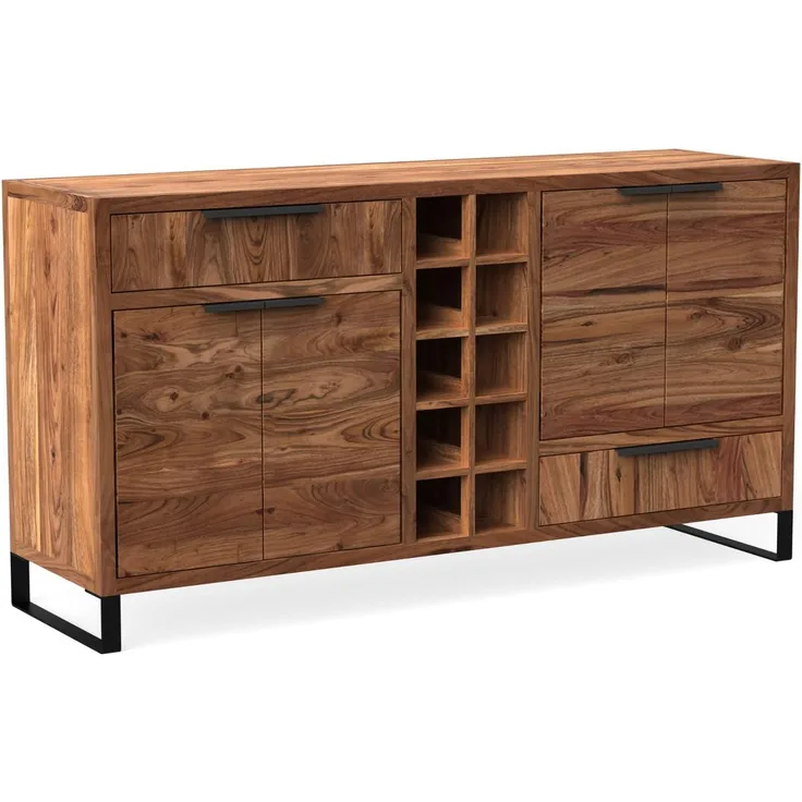 Sideboard Akazie massiv 160cm braun massivum Sydney mit Flaschenregal Wohnzimmer Kommode Landhausstil Schrank Holz rustikal 160x84x45