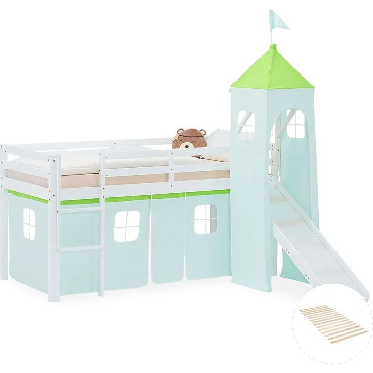 Hochbett Kinder 90x200 cm mit Rutsche Lattenrost Kinderbett Kinderhochbett Stockbett Vorhang Turm Grün – Bild 1
