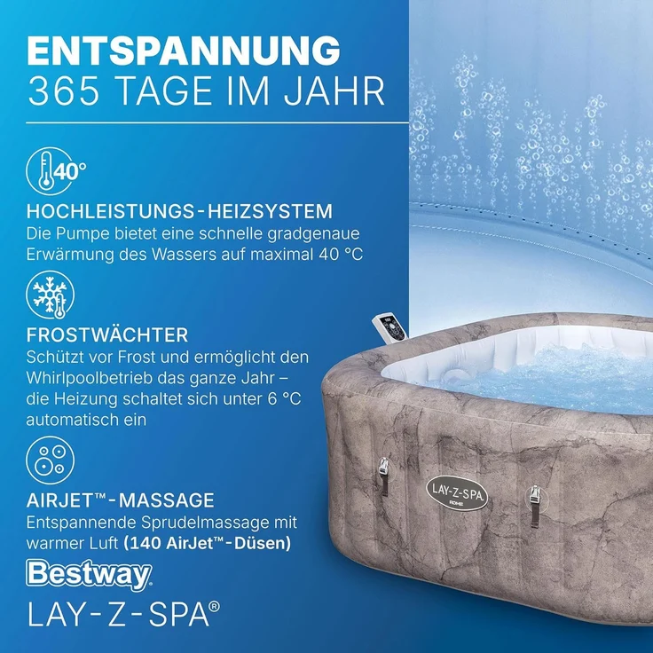 Bestway 6001K LAY-Z-SPA Whirlpool Rome Energiespar AirJet mit App-Steuerung, für 6 Personen, 180 x 180 x 71 cm, Marmor-Optik (Braun) – Bild 5