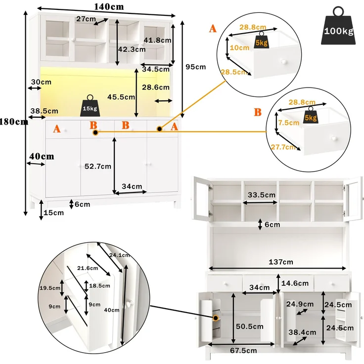 Hochbuffetschrank 140 x 38,5 x 180 cm mit Glastüren, 4 Schubladen und RGB-LED – MDF in Weiß – Bild 6
