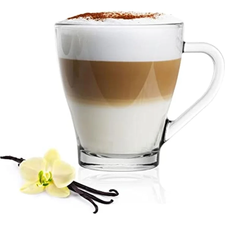 6 Cappuccino-Gläser 250ml mit Henkel und 6 Edelstahl-Löffeln, Kaffee-/ Teegläser – Bild 1