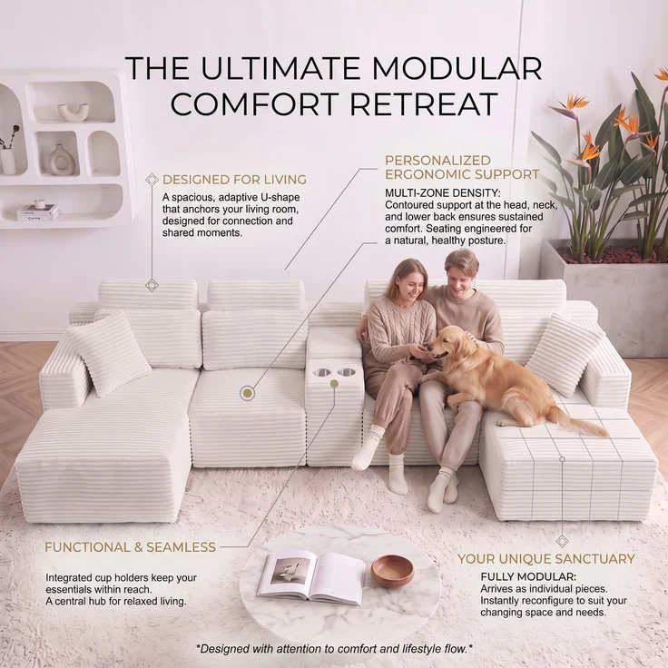 ZUBALIYA Boneless Compression Sofa, U-förmiges modulares Sofa mit integrierten Becherhaltern, Off-Weiß, 372 x 151 x 80 cm – Bild 11