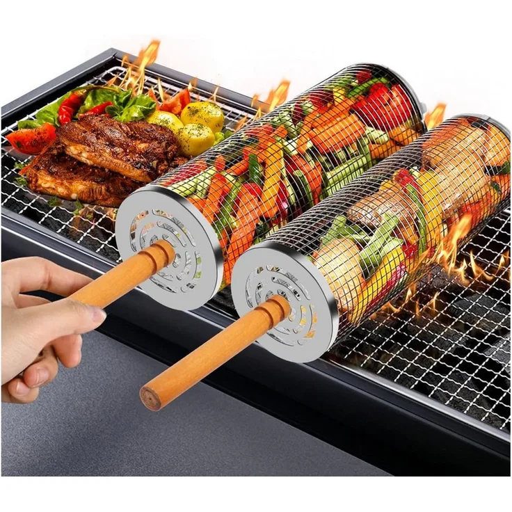 FOUORTUNATE-BEE Grillbesteck-Set Rollendes Grillkorb mit Holzgriff, (1 tlg, Grillnetzrohr für Den Außengrill für Gemüse), Grillkorb Edelstahl Zylindrisch, Grill Zubehör Drehspieß