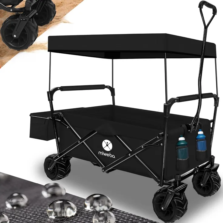 Miweba Bollerwagen MB-10 faltbar Handwagen Kinder Transportwagen Dach abnehmbar (Schwarz)
