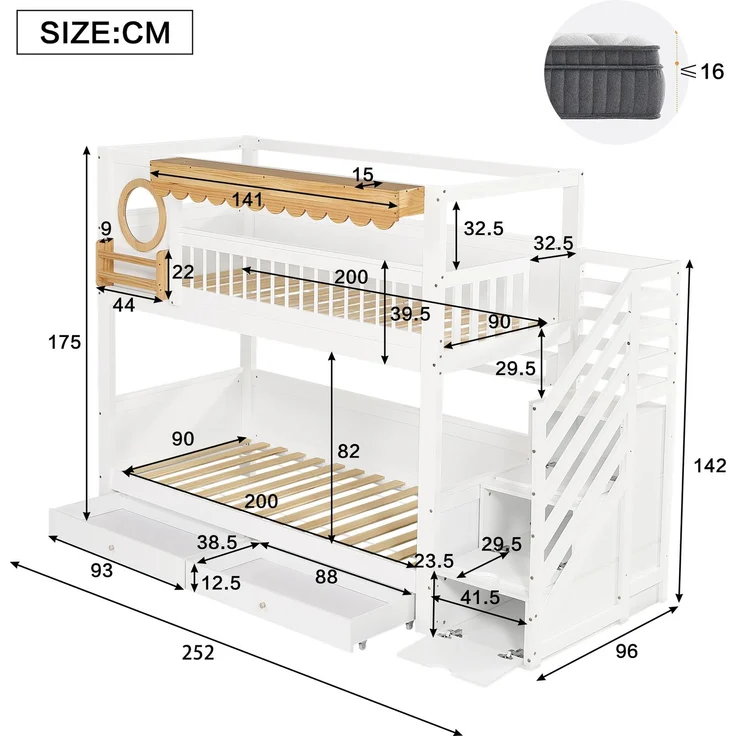 Merax Kinderbett, 90x200cm Jugendbett, Etagenbett, Zwei Aufbewahrungsschublade mit Rollen, Mit Treppenschrank, Mit mit einer Reihe von 2 Meter langen Regalen, Seitliche Ablage, Kiefer + MDF, Weiß – Bild 4