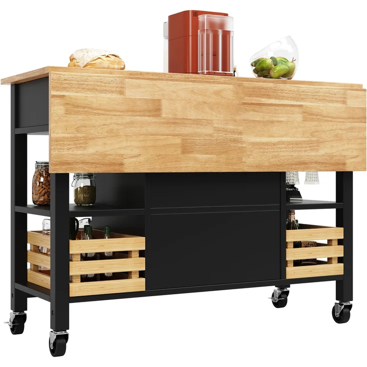 Kücheninsel 120 cm Schwarz & Natur, Küchenwagen mit klappbaren Seiten 73 cm, multifunktionaler mit Schublade und verstellbaren Ebenen – Bild 8