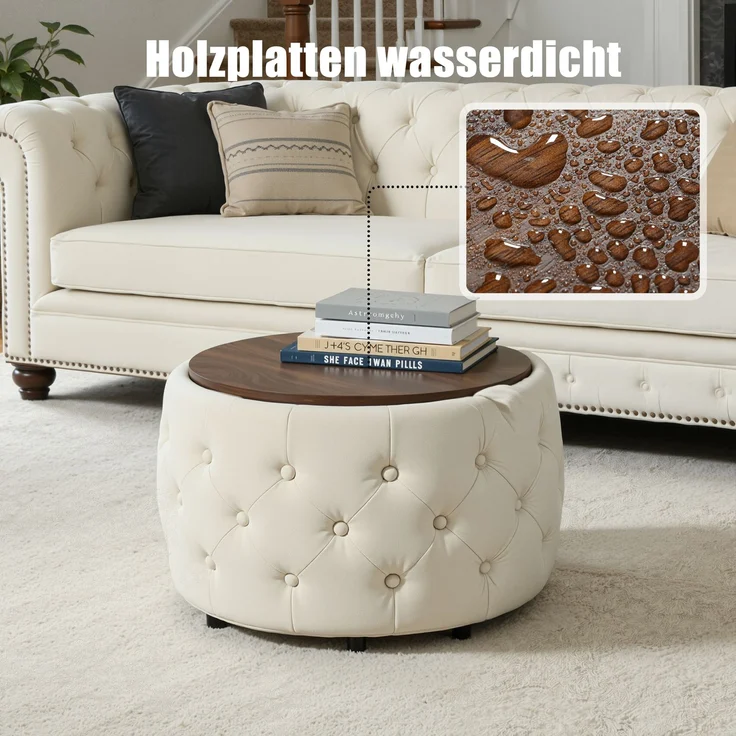 Luxuriöses 2er-Set Nesting-Hocker aus Samt, 4-in-1-Funktion, runder Stauraum-Fußhocker mit Holzablage, kein Aufbau erforderlich, Beige--Beige--59.6x59.6x38cm--YOUDENOVA – Bild 5