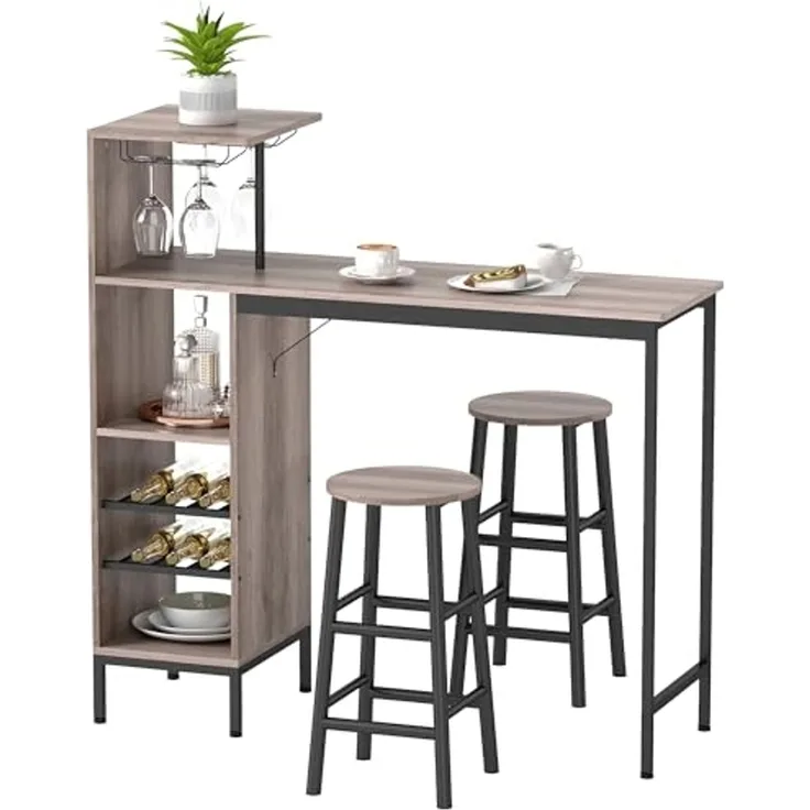 HOMCOM Bargruppe mit Stauraum, Fußstütze, (Bartisch-Set, 3-tlg, Esstisch mit 2 Stühlen), Platzsparendes Design, Grau