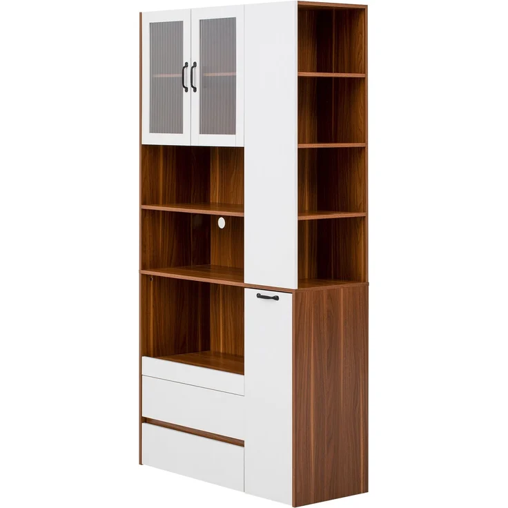 Merax Highboard mit verstellbaren Regalböden und Schubladen, Buffetschrank mit ausziehbaren Regalböden und Riffelglas(Weiß+Nussbaum) – Bild 10