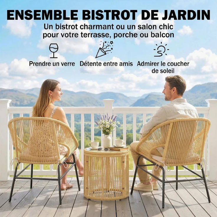 3-teiliges Bistro-Balkon-Set: 2 bequeme Sessel und ein Tisch aus gehärtetem Glas, abnehmbare Kissen in Beige – Bild 6