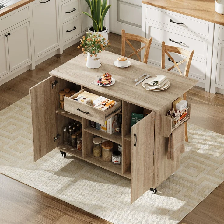 ZUBALIYA Küchenwagen 120 cm Arbeitsplatte – klappbare Arbeitsplatte, Schublade und 2 Schränke, 5 Rollen, 2 mit Bremse, Gewürzregal und Handtuchhalter, MDF, Sonoma-Eiche-Optik – Bild 2