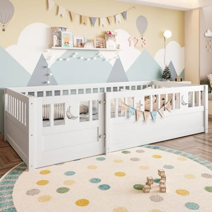 Ball & Cast Bodenbett (90x190 cm), Kids Bed und Jugendbett mit Stern- & Monddekoration, Kinderbett 90x200 mit rausfallschutz, ohne Lattenrost, Weiß – Bild 5