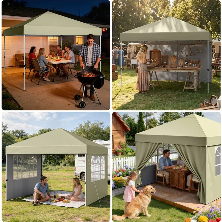 Hawthyhome Faltpavillon 3x3 Pop-Up Partyzelt, wasserdicht & UV50+, One-Touch-Schnellaufbau, 3 Höhenstufen, stabiles Kohlenstoffstahl-Gestell, inkl. 4 Seitenwände & Tragetasche, für Garten, Terrasse & Gartenpartys, Beige – Bild 10