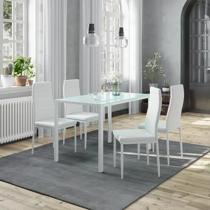 Vicco Grand Metall Esstischset, Weiß, 120x70x75 cm, inkl. 4 Hochlehner-Stühle, modernes Design, pulverbeschichtetes Metall und Glasplatte – Bild 4