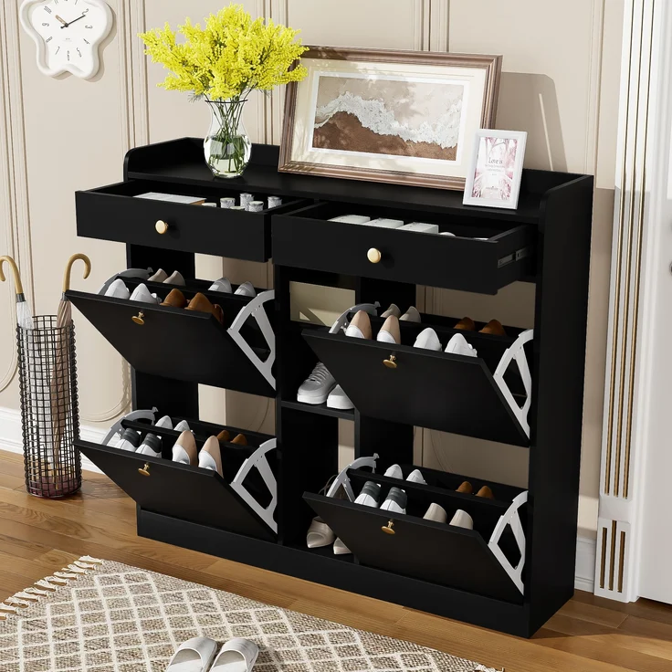 Schuhschrank, Spanplatte mit 4 Klapptüren & 2 Schubladen, 110x26x100 cm, Schwarz – Bild 10