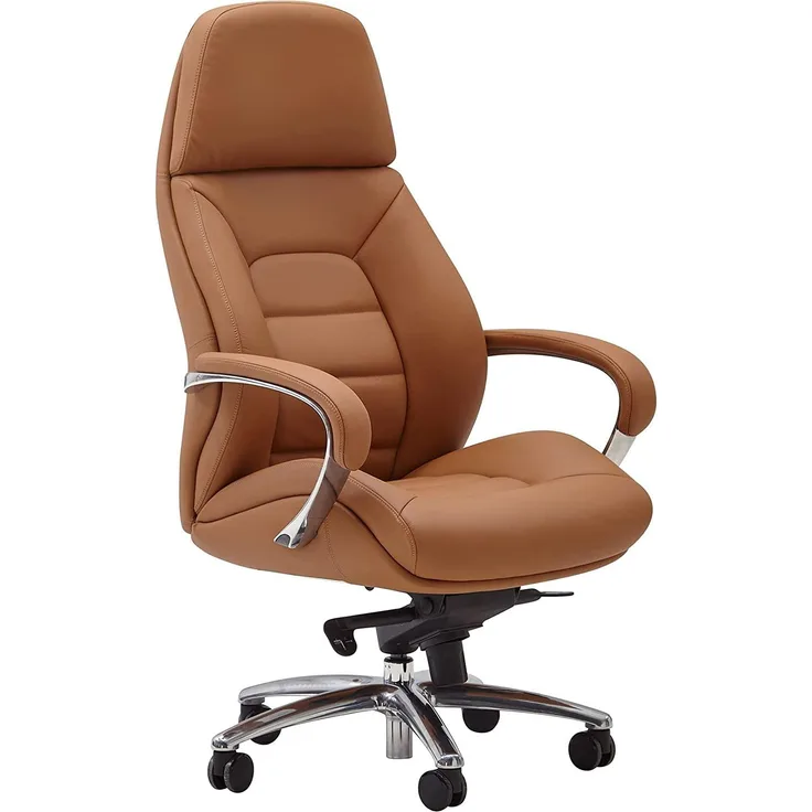 Designer Bürostuhl Bezug Echtleder Schreibtischstuhl bis 120 kg | XXL Design Chefsessel höhenverstellbar | Drehstuhl ergonomisch mit Armlehnen & hoher Rückenlehne | Wippfunktion braun