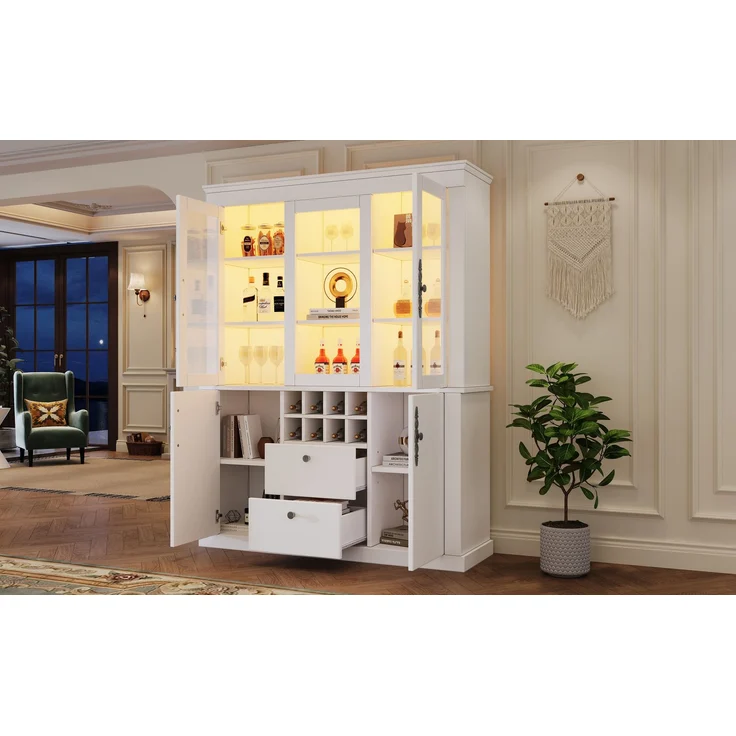 130*37.5*170.5cm Vitrine, Standvitrine mit 2 Schubladen 4 Schranktüren, Glasvitrine mit LED, Wohnzimmerschrank 130 cm breit, Multifunktionsschrank mit 8 Weinregal, Großer Schrank, Weiß--Weiß--130x37.5x170.5cm--YOUDENOVA – Bild 7