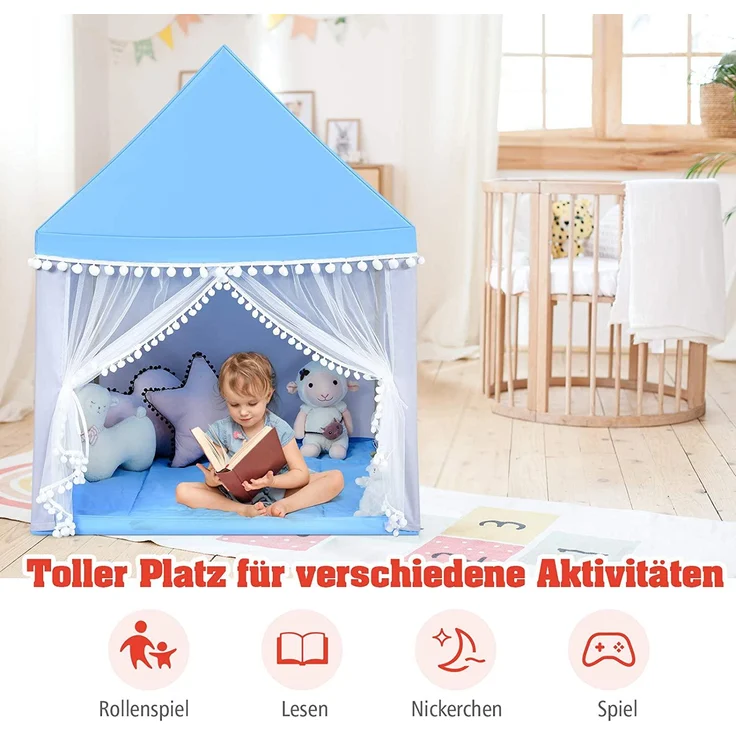 COSTWAY Prinzess Prinzessin Kinderzelt, Stoffzelt / Massivholzrahmen / Baumwolldecke blau, 120 x 105 x 140 cm – Bild 4