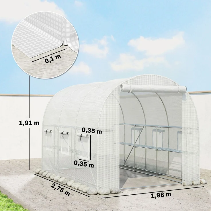 MELAYR, Gewächshaus ca. 2.7 x 2 x 2 m Foliengewächshaus mit Regalen Rollbar Reißverschlusstür 6 Netzfenster, Weiß – Bild 5