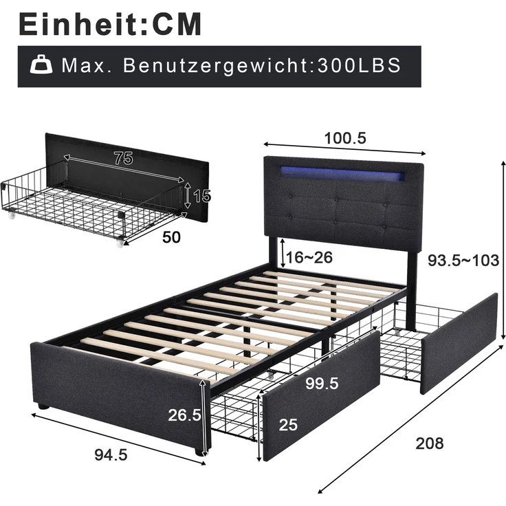 Einzelbett 90 × 200 cm mit LED-Beleuchtung, verstellbarem Kopfteil, 2 Schubladen, Leinenbezug in Grau, modernes Design,inklusive Matratze – Bild 10