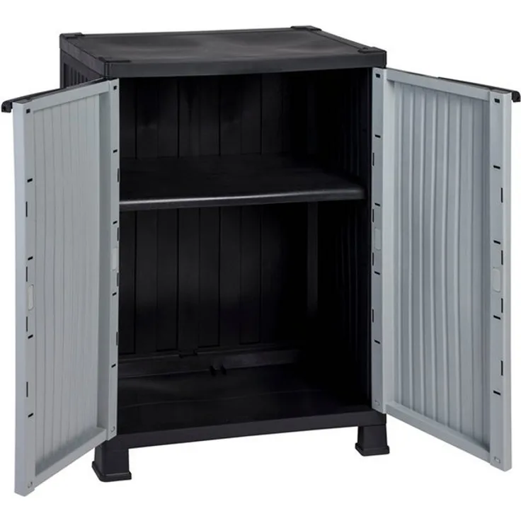 Kreher Mehrzweckschrank 'MADERA' im Rattan Design mit 1 Einlegeboden (Schwarz/Grau) Rattan Design, Pflegeleichtes Material, Langlebig, UV-beständig