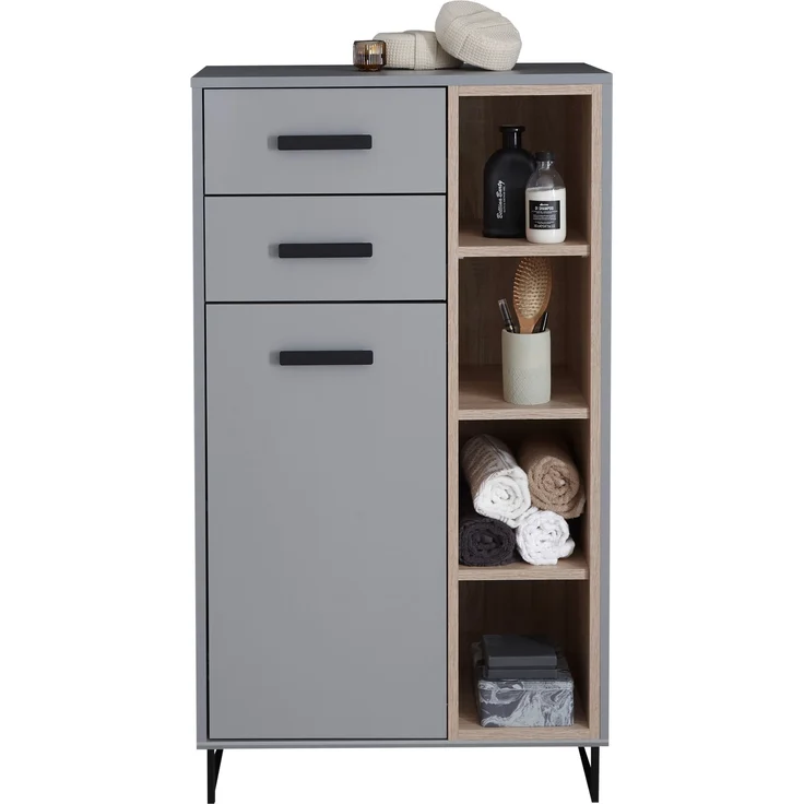 Badkommode >Tunis< Tür, 2 Schübe, 4 Fächer, grau matt / sonoma eiche - 65x116x38cm BxHxT – Bild 3