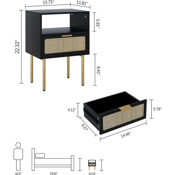Nachttisch Rattan Schwarz Beistelltisch Schublade Möbel Gold Rahmen – Bild 2