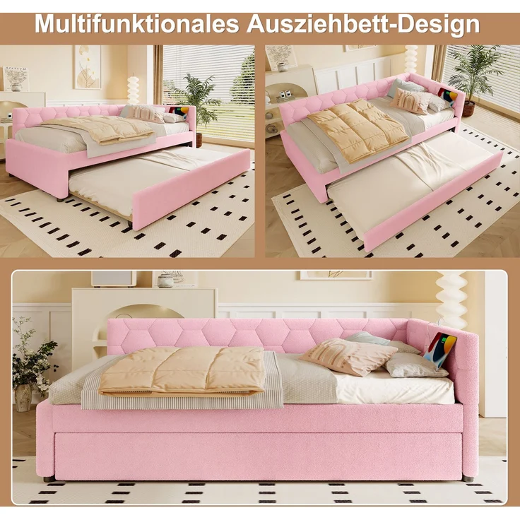 Daybett, 90*200cm Tagesbett, Schlafsofa, Bett mit Lattenrost (ohne Matratze), mit Nachttischlampe, mit multifunktionalem Ausziehbett, USB-Anschluss, Typ-C, Komfortmaterial, Boucle, Rosa – Bild 4