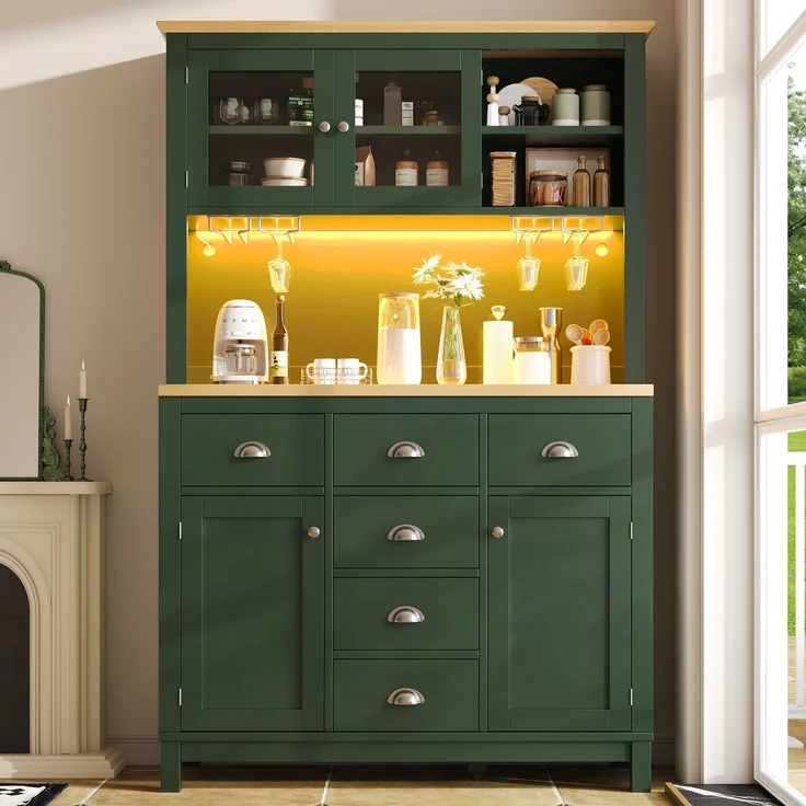 EINHOM Seitenboard / Aufbewahrungsschrank / Küchenschrank / Buffetschrank, 104 x 40 x 180 cm, Landhausstil, 4 Türen, mit LED-Lichtleiste & Getränkehaltern, Grün/Weiß, Grün – Bild 5