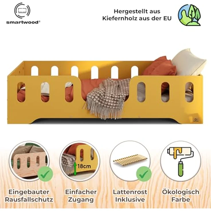 smartwood Kinderbett Bodenbett 90x200 mit Rausfallschutz & Lattenrost - Senfgelb - Kinder Montessori Bett TILA 2 mit glatten Kanten - Betten für schnelle Montage - Bis 230 kg belastbar – Bild 4