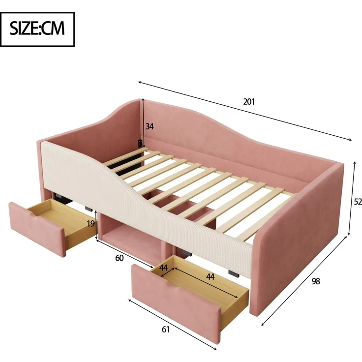 Kinderbett 90×190 cm mit Colorblock-Samt, Schutzgitter, Schubladen & Schuhfach, gepolstertes Jugendbett mit Stauraum,Rosa & Cremeweiß – Bild 10