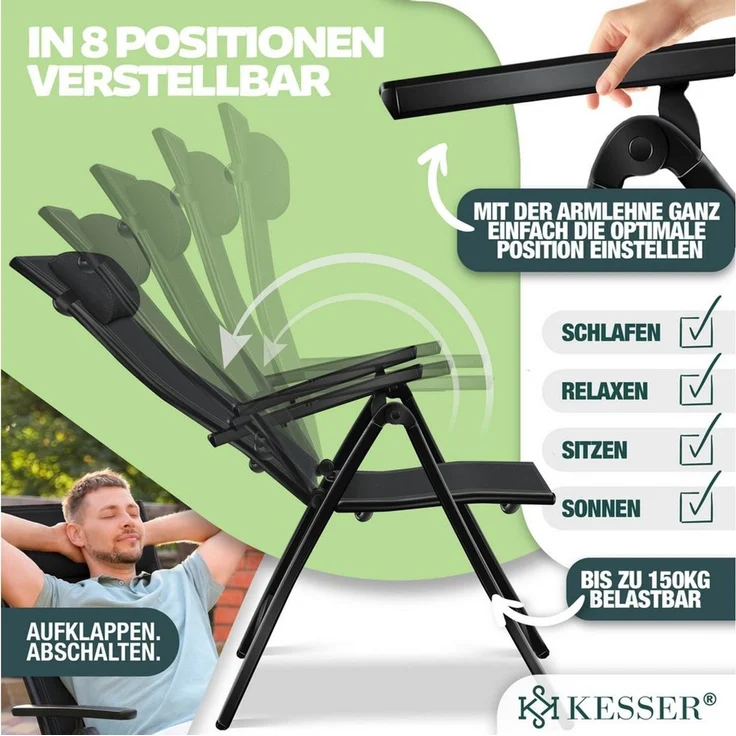 KESSER® Gartenstuhl Hochlehner mit Armlehnen | Aluminium Klappstuhl inkl. Kopfkissen Campingstuhl 7-Fach Verstellbar Rückenlehne | Atmungsaktiv & Wetterfest | Klappbar & Anti-Rutsch Schwarz, 6 Stück – Bild 3