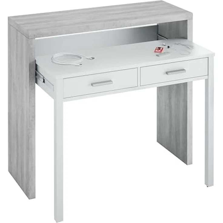Ausziehbarer Konsolenschreibtisch mit zwei Schubladen, Betonfarbe und Deckweiß, Maße 98 x 87 x 36 cm (ausziehbar bis 66 cm) – Bild 5