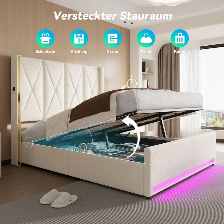 LVHOM Polsterbett mit Stauraum, Doppelbett mit LED, USB-Anschlüsse und Seitentaschen, Funktionbett, 160x200 cm, Beige – Bild 4