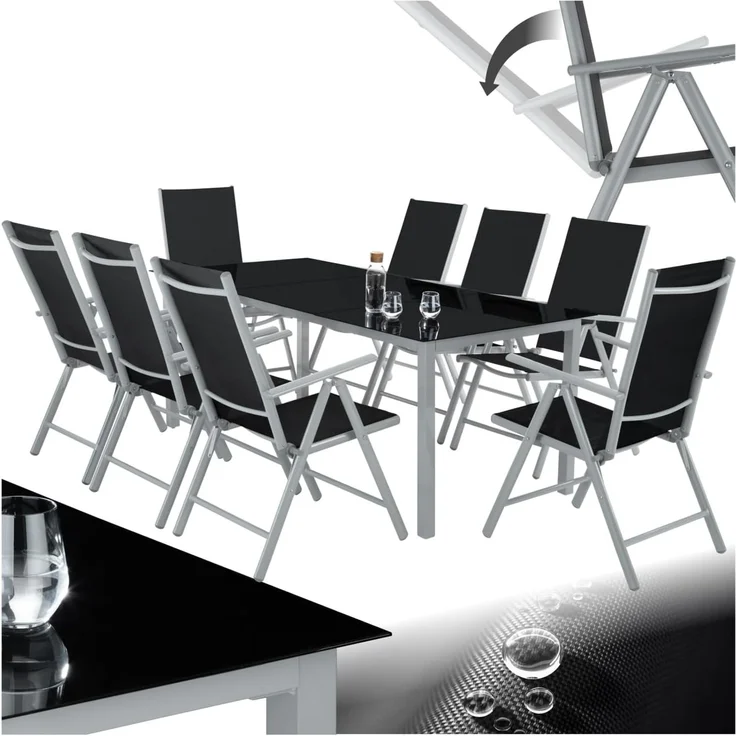 tectake® Aluminium Sitzgruppe 8+1, Gartenmöbel Set mit Stuhl und Tisch, klappbare Gartenstühle, Gartentisch mit Sicherheitsglas, wetterfeste Terrassenmöbel, für Garten Terrasse Balkon - Silber – Bild 1