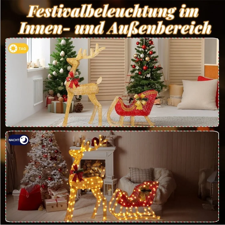 LALAHO Weihnachtsfigur LED Rentier mit Schlitten Weihnachtsbeleuchtung, mit 180 LEDs, Rentier Weihnachten Deko für Außen und Innen – Bild 2